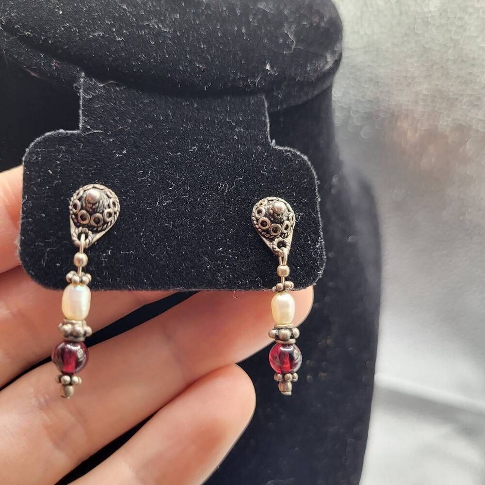 Artisan Sterling Silver Garnet and Freshwater Pearl Earrings